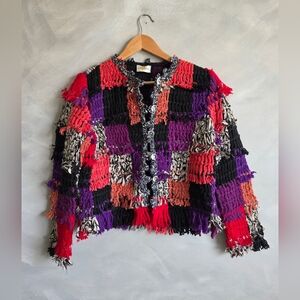 Sandy Starkman Patchwork Knotted Woven Mesh Fringe Boho Jacket Ragga Muffin Art